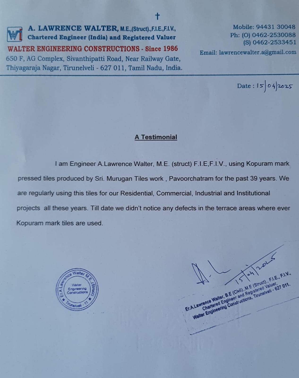 Er. Walter Testimonial Letter to Sree Murugan Tile Works Gopuram Brand